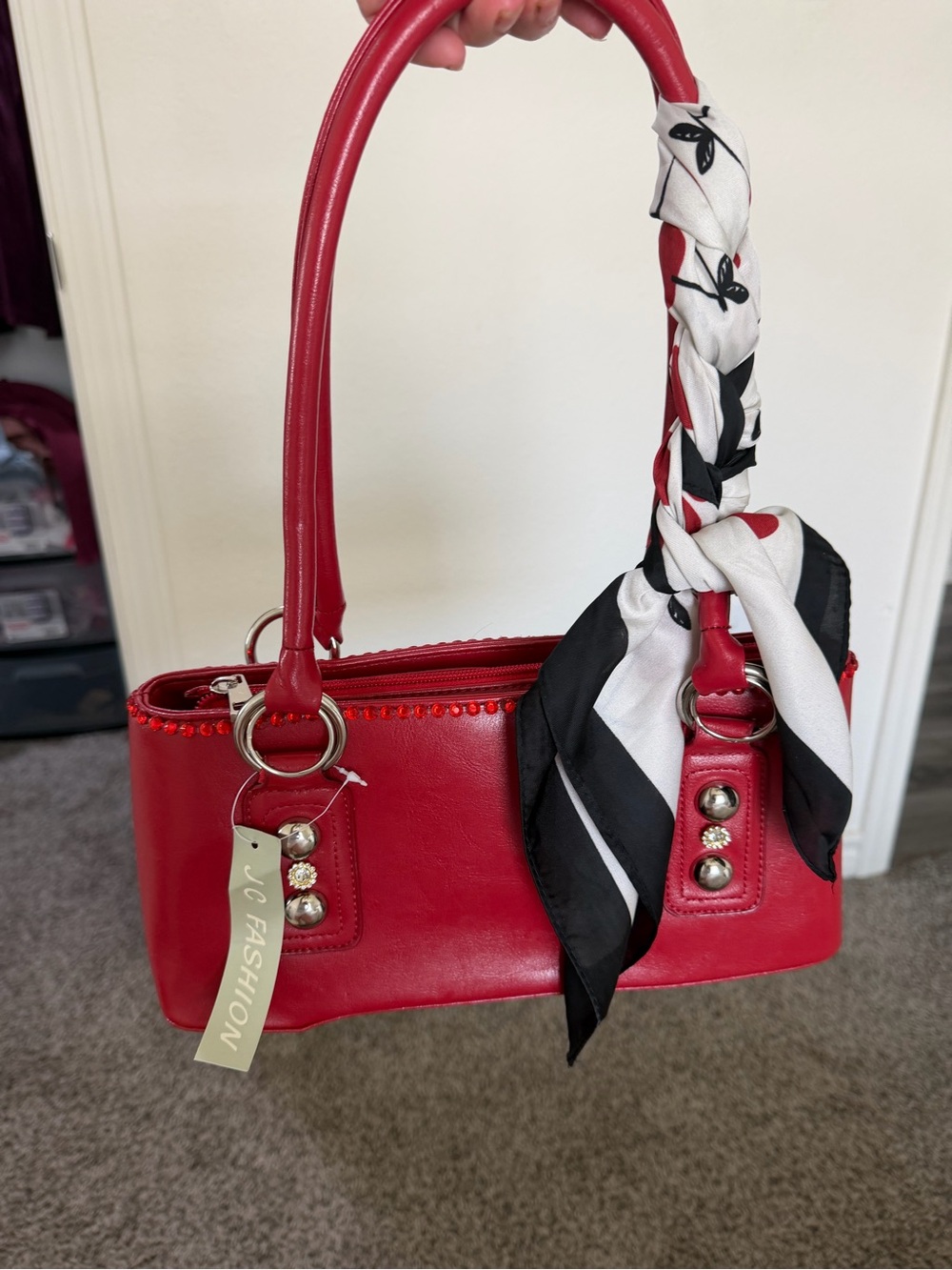 JC Fashion Red Leather Shoulder Bag with Scarf Detail